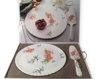 Mikasa Bone China Cake Plate & Cake Server Platter Poinsettia 11" Made in Japan