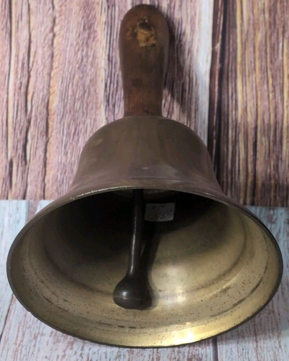 Antique Large Brass Hand Held Teacher School Bell 14 9 Wooden Handle