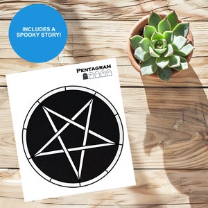 May include: A white paper with a black pentagram design, the word "PENTAGRAM" and ghost illustrations. A blue circle with the text "INCLUDES A SPOOKY STORY!" is in the upper left. A succulent plant in a terracotta pot sits on a wooden surface.