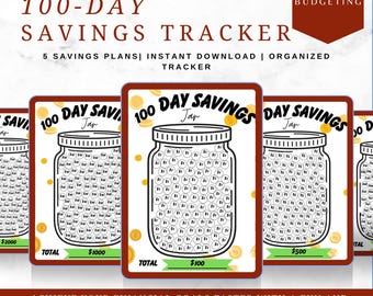 100-Day Savings Tracker | 5 Printable Saving Plans | Save by 1, 5, 10, 20, & 1-100 | Budgeting Jar PDF | A5, A4, US Letter Sizes