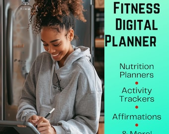 May include: A woman uses a stylus on a digital tablet. The text on the screen reads "HEALTH & FITNESS DIGITAL PLANNER". The text below the screen reads "Nutrition Planners, Activity Trackers, Affirmations & More!"