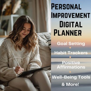 Może przedstawiać: Kobieta siedzi na kanapie i używa tabletu cyfrowego do planowania swojego dnia. Tekst na ekranie brzmi "PERSONAL IMPROVEMENT DIGITAL PLANNER" z funkcjami takimi jak "Goal Setting", "Habit Trackers", "Positive Affirmations" i "Well-Being Tools & More!"