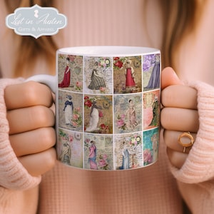 Puede incluir: Taza de cerámica blanca con un collage de ilustraciones vintage de mujeres con vestidos y motivos florales. La taza tiene un asa y está impresa con el texto "Lost in Austen Gifts & Apparel".