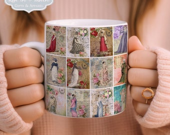 May include: White ceramic mug with a collage of vintage illustrations of women in dresses and floral patterns. The mug has a handle and is printed with the text "Lost in Austen Gifts & Apparel".