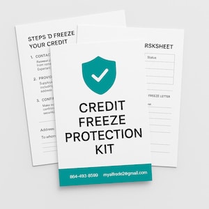 May include: A white Credit Freeze Protection Kit with a teal shield icon and checkmark. The kit includes a card with the text "CREDIT FREEZE PROTECTION KIT" and contact information. Additional documents are visible in the background.