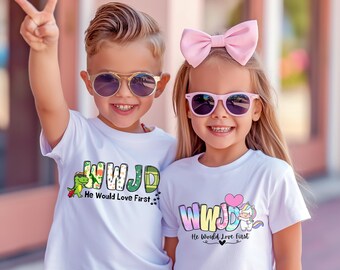 Kids WWJD png bundle - dino and unicorn - for SVG and DTF shirts, cards, Christian Inspirational Gifts