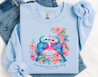 His Mercies are New - Spring Floral Bluebirds - png svg for DTF shirts, cards, and other prints; Christian Inspirational Gifts