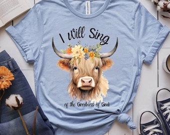 Goodness of God - Floral highland cow sublimation design - png svg for DTF shirts, cards, and other prints; Christian Inspirational Gifts