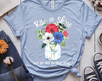 Rise & Shine Glory Glory - Spring Blue Floral Mason Jar - png svg for DTF shirts, cards, and other prints; Christian Inspirational Gifts