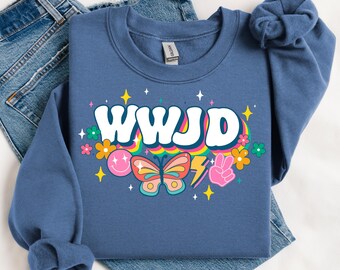 WWJD - rainbow emoji floral girlie era - png for DTF shirts, cards, and other prints; Christian Inspirational Gifts