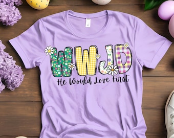 WWJD - spring floral daisies - png for DTF shirts, cards, mugs, and other prints; Christian Easter Gifts
