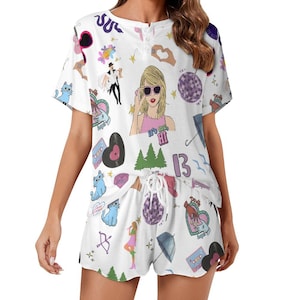 Henley Top Short Sleeve Loungewear Set with Cute Trendy All-Over Printing Fast Shipping Ready to Ship