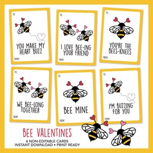 Bee Valentines Day Cards (set of 6) for kids classroom, Printable Valentines Day Cards