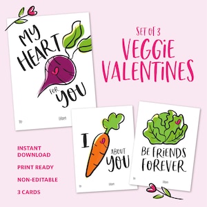 Saint-Valentin végétarienne imprimable (lot de 3) pour la classe des enfants, cartes de Saint-Valentin légumes imprimables