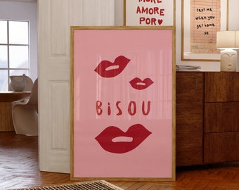 Bisou, baiser sur les lèvres rouges, amour, impression numérique de la Saint-Valentin, art mural rétro