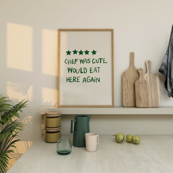 Aesthetic Kitchen Decor | Cool Cute Cooking Art Print Kitchen | Trendy Poster | Digital Modern Apartment Wall Decor | Cute Chef Review Green