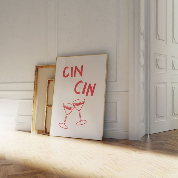CIN CIN | Aesthetic Kitchen Bar Decor | Cute Bar Cart Art | Trendy Wall Art | Red Art Print | Digital | Modern Apartment Wall Decor