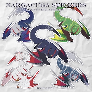 May include: Nargacuga vinyl stickers in various colors, including blue, green, and white. Each sticker features a stylized illustration of the monster, with a 2.5-inch size. The stickers have a glossy finish and are perfect for decorating laptops, water bottles, or notebooks.