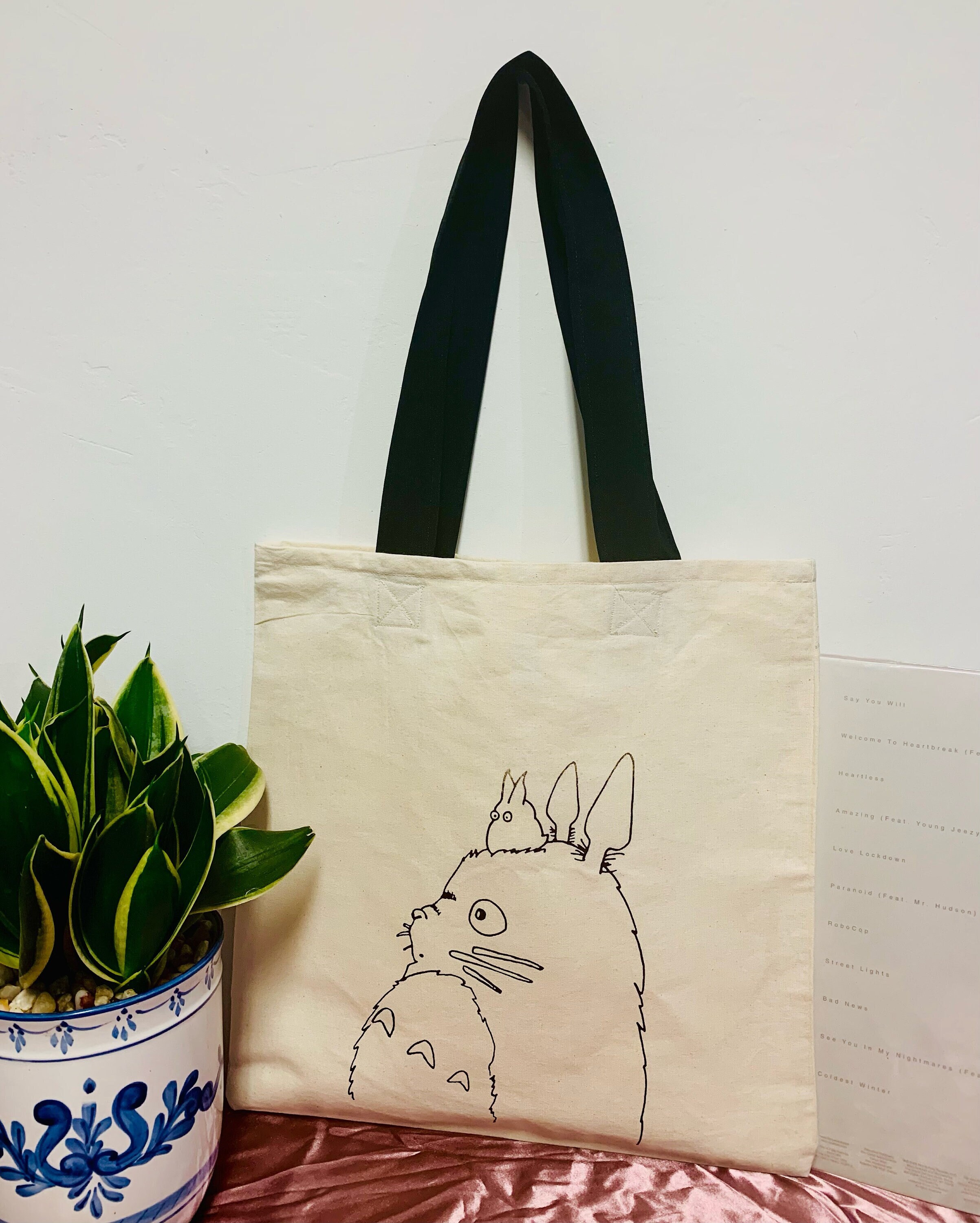My Neighbor Totoro Denim Tote Bag Embroidered Floral Design