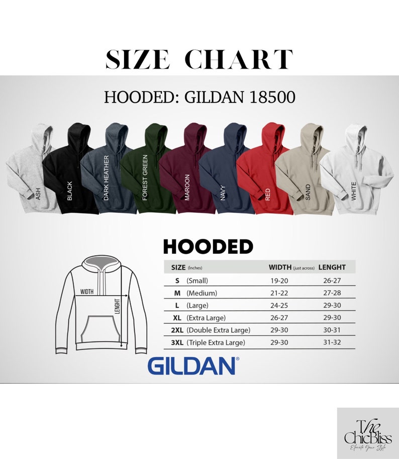 May include: Size chart for hooded sweatshirts from Gildan, model 18500. The chart shows sizes from small to 3XL with corresponding width and length measurements in inches.