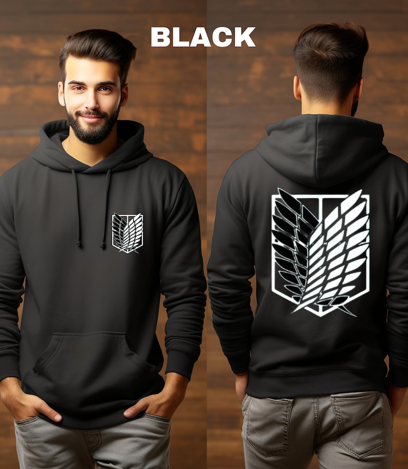 May include: Black hooded sweatshirt with a white graphic of the Attack on Titan logo on the front and back. The logo features a pair of wings with a shield in the center.