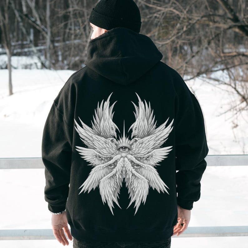 Seraphim Angel Faith Over Fear Hoodie - Oversized Christian Sweatshirt, Vintage Seraphim Art Design, Faith Based Clothing, Teen Church Gift Black
