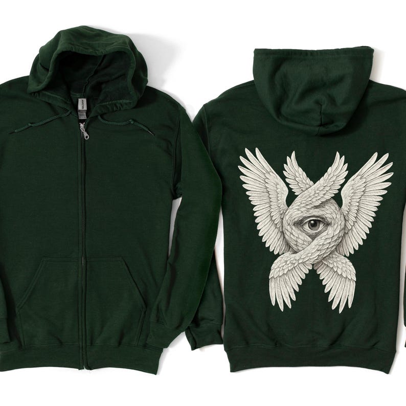 May include: Dark green zip-up hoodie with a front pocket and hood. The back of the hoodie features a detailed white graphic of an eye surrounded by stylized wings. The hoodie is displayed on a white background.