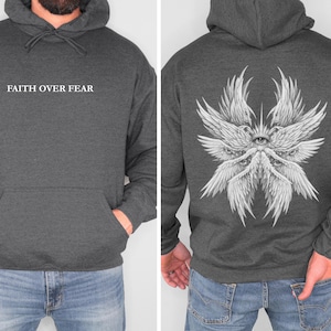 Seraphim Angel Faith Over Fear Hoodie - Oversized Christian Sweatshirt, Vintage Seraphim Art Design, Faith Based Clothing, Teen Church Gift Dark Heather