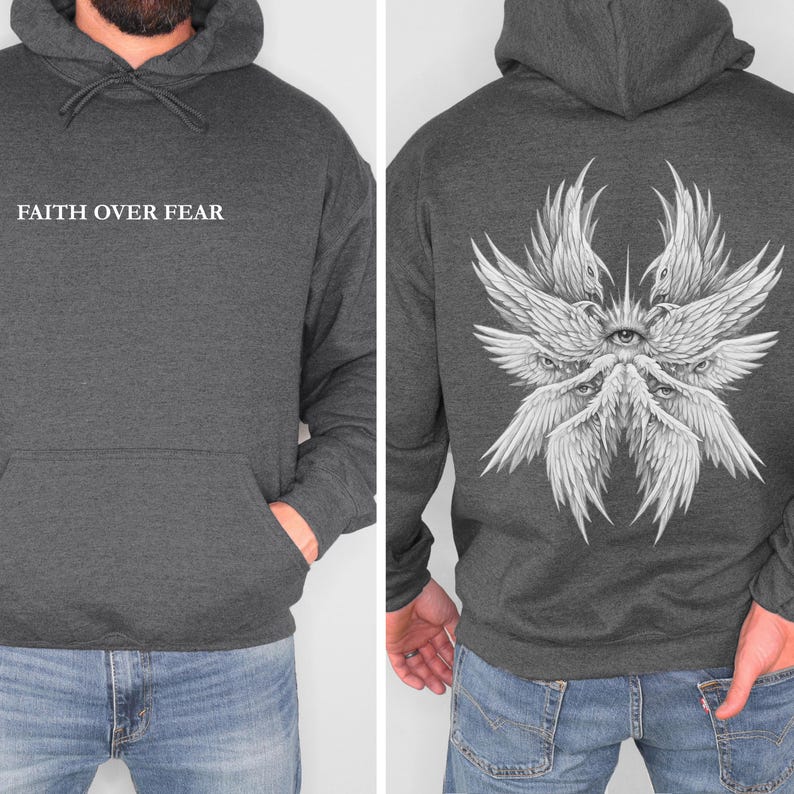 Seraphim Angel Faith Over Fear Hoodie - Oversized Christian Sweatshirt, Vintage Seraphim Art Design, Faith Based Clothing, Teen Church Gift Dark Heather