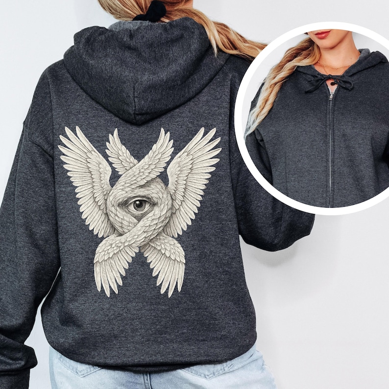 May include: Dark gray zip-up hoodie featuring a detailed illustration of an eye within intertwined wings on the back. The design is in a vintage style with a neutral color palette. The hoodie has a drawstring hood and a full-length zipper.