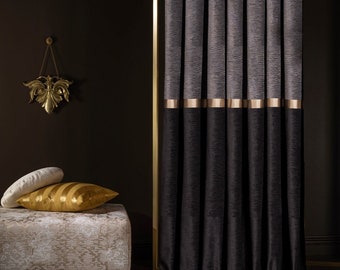 Rideau de luxe en chenille gris noir et or pour le salon et la chambre, rideaux de luxe turcs gris noir marron argenté pour la maison, drapé moderne à rayures