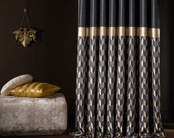 Luxury black gold geometric patterned curtains for livingroom bedroom , navy blue gray cream gold black silver striped curtains for home