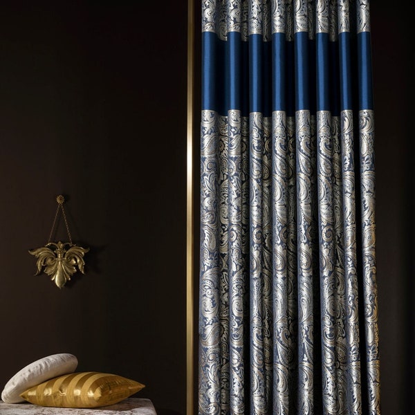 Luxury navy blue gold damask patterned striped curtains for livingroom diningroom bedroom , Modern gray  black gold silver drape for home