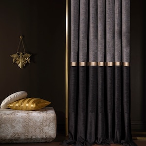 Luxury Chenille Curtain: Gray, Black & Gold Striped Drape