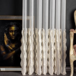 Luxury White Lace Embroidered Curtains with Cream Tassel Bottom – Elegant Sheer Drapes for Living Room, Bedroom, and Office Décor