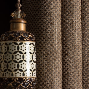 Luxury Brown Patterned Curtains with Gold Glitter: Custom Size Drape