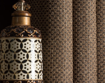Luxury Brown Patterned Curtains with Gold Glitter: Custom Size Drape