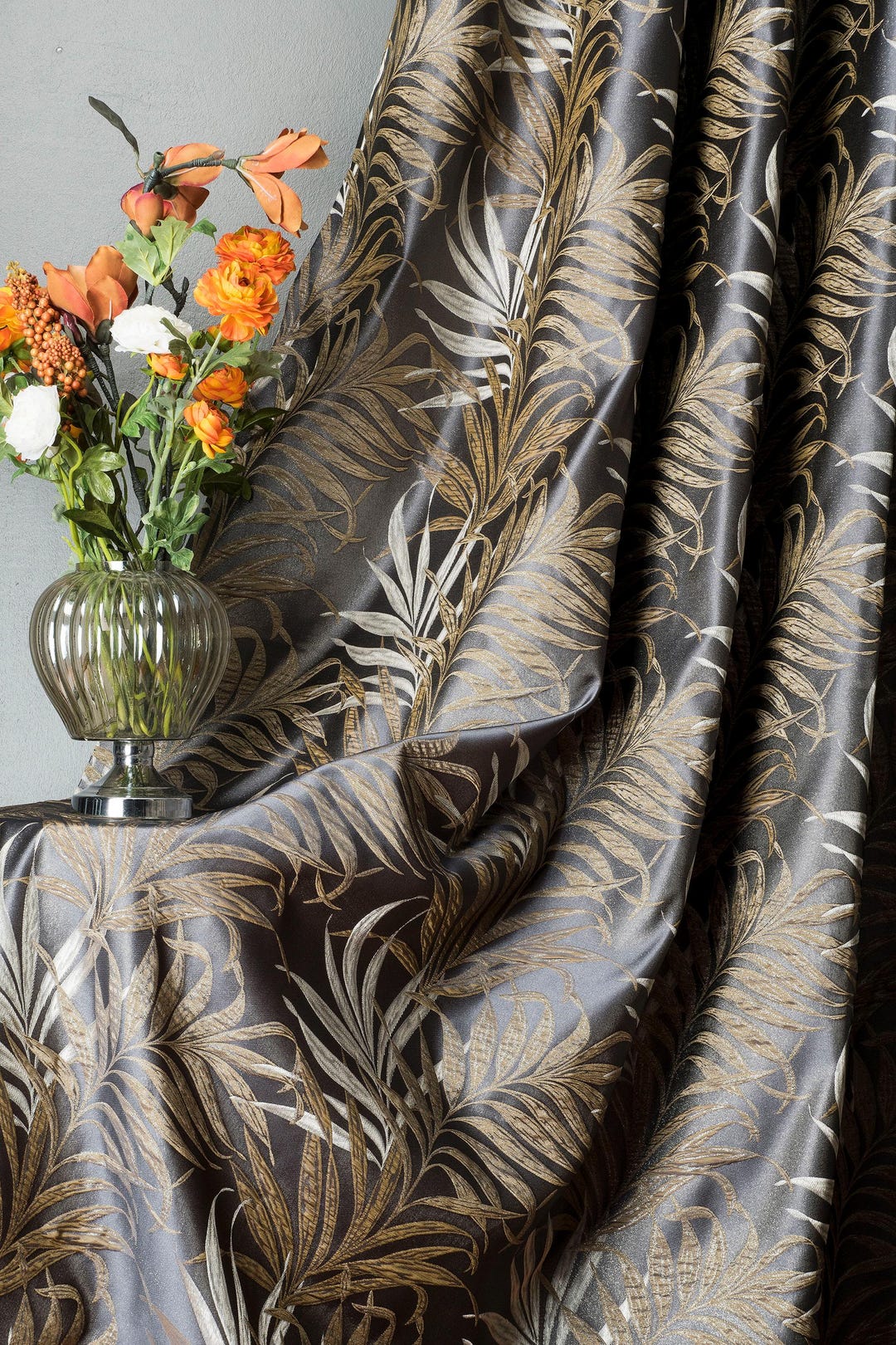 Botanical Leaf Patterned Curtain Panel: Gray Brown Exotic Drape - Etsy
