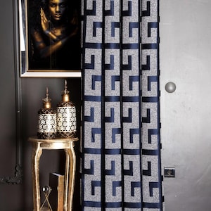Luxury Patterned Blue Gray Curtains , Custom Size Black Brown Drape , Modern Gray Beige Brown Livingroom Curtain , Art Deco Bedroom Panel