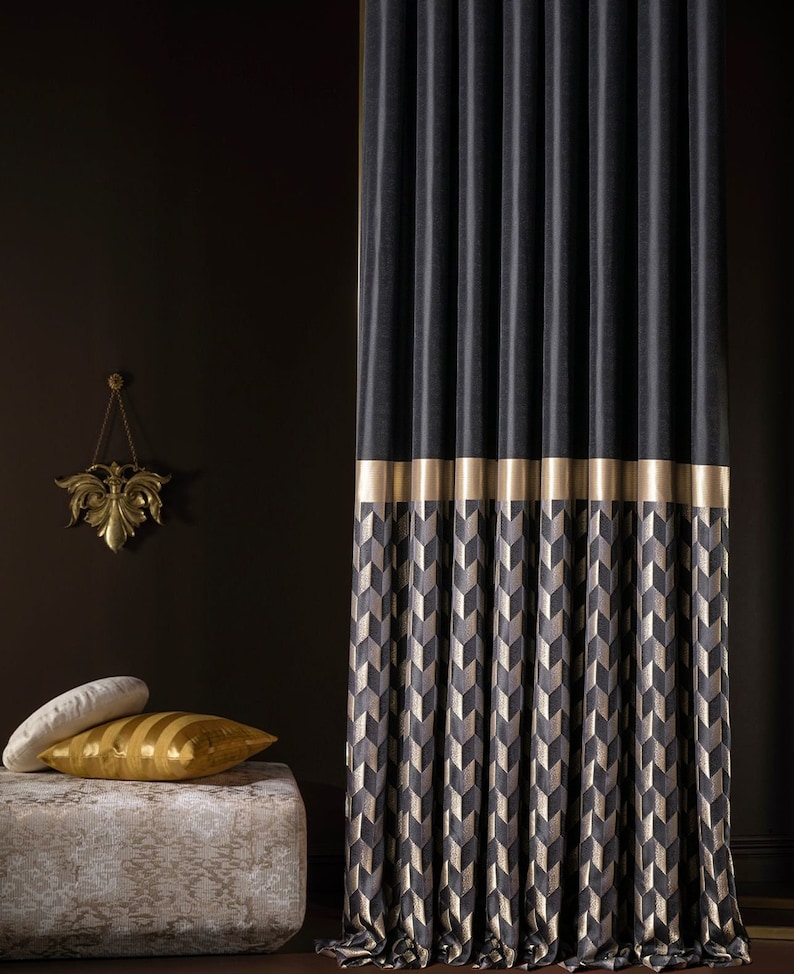 Luxuriöse schwarz-goldene, geometrisch gemusterte Vorhänge für Wohnzimmer und Schlafzimmer, marineblau, grau, creme, gold, schwarz, silber, gestreifte Vorhänge für zu Hause Bild 1