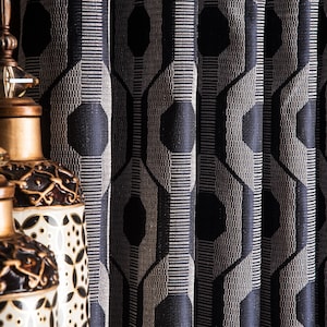 Luxury Navy Blue Turkish Curtains: Modern Silver Geometric Drapes