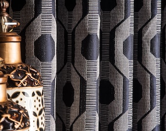 Luxury Navy Blue Turkish Curtains: Modern Silver Geometric Drapes