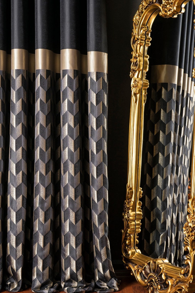 Luxuriöse schwarz-goldene, geometrisch gemusterte Vorhänge für Wohnzimmer und Schlafzimmer, marineblau, grau, creme, gold, schwarz, silber, gestreifte Vorhänge für zu Hause Bild 5