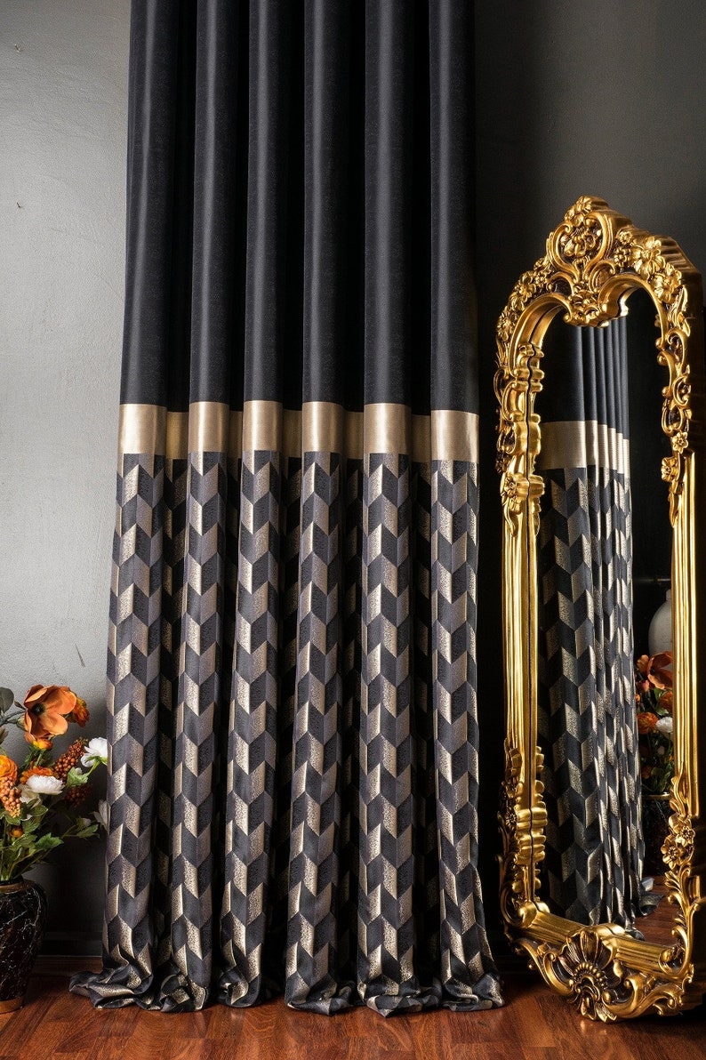 Luxuriöse schwarz-goldene, geometrisch gemusterte Vorhänge für Wohnzimmer und Schlafzimmer, marineblau, grau, creme, gold, schwarz, silber, gestreifte Vorhänge für zu Hause Bild 3