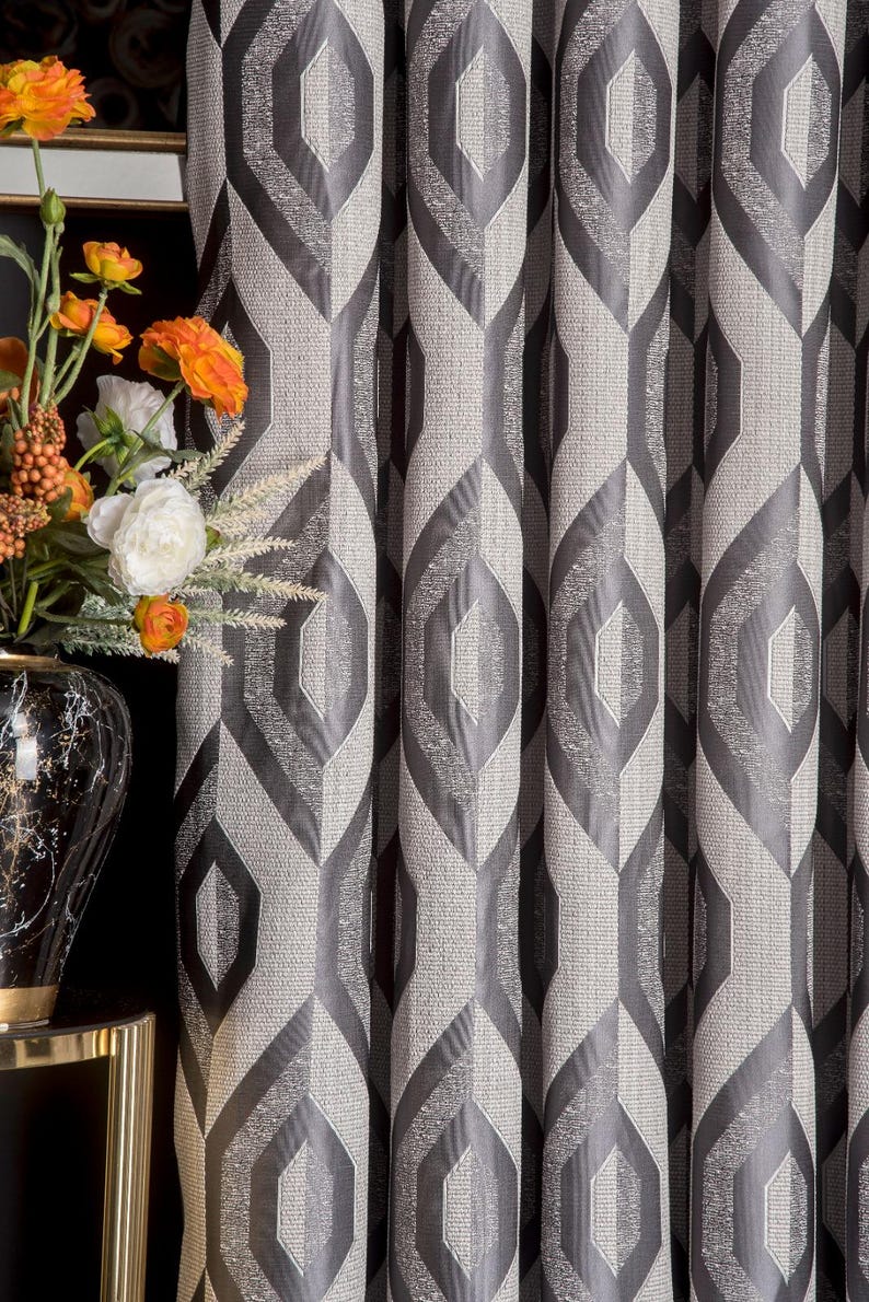 Rectangular Curtains Luxury Gray Geometric Curtains for Living Room, Modern Textured Drape ...