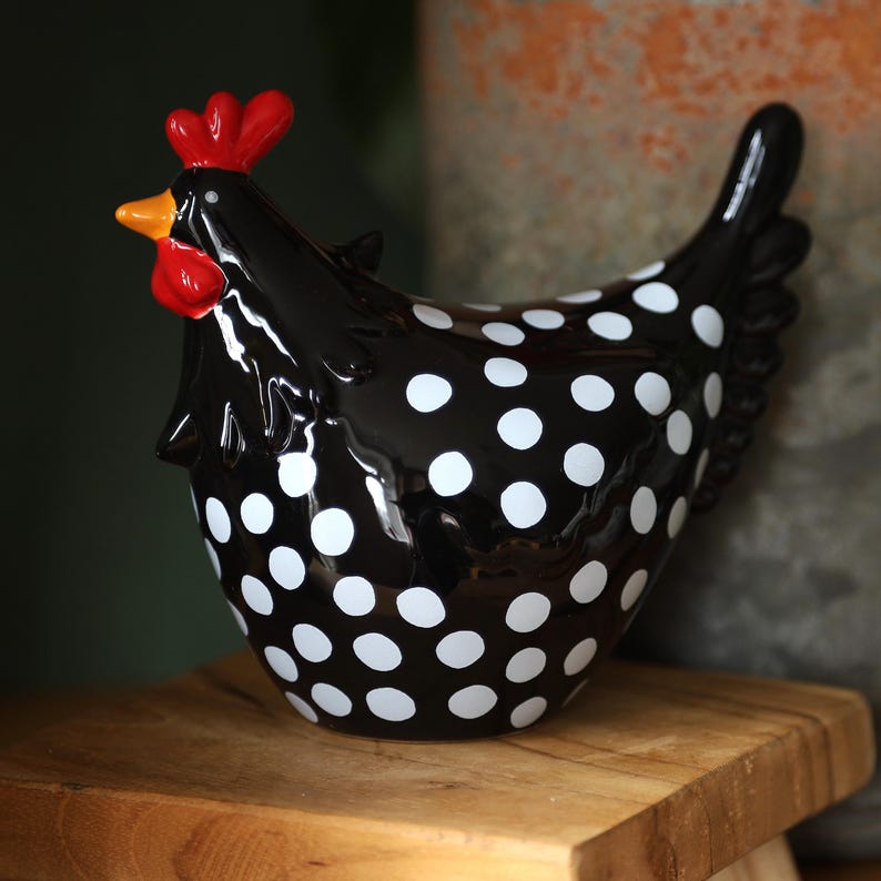 Ceramic Chicken Shelf Sitters Kitchen Farmhouse Decor Easter Polka Dots Red White Black