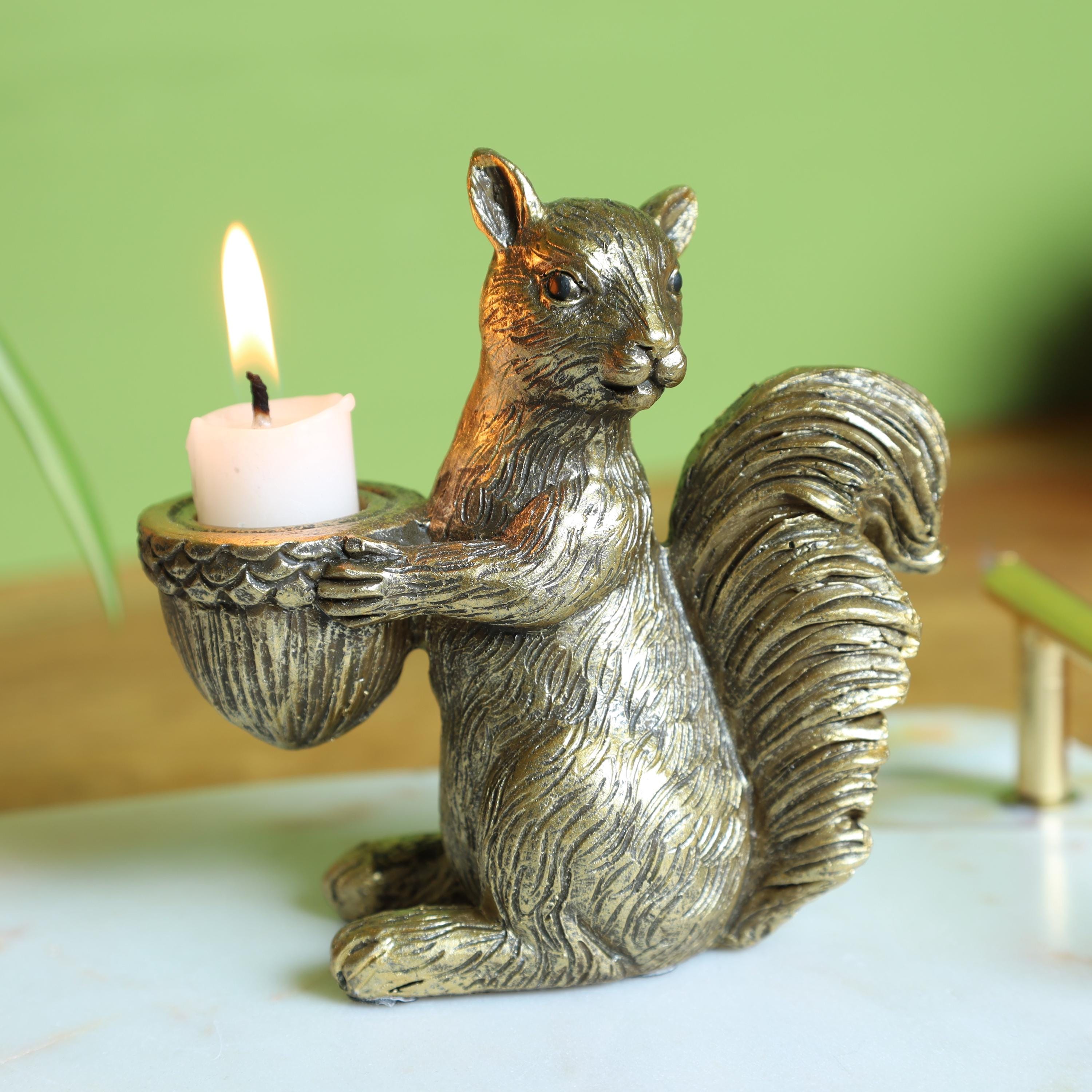Squirrel Candle Holder With Acorn Antique Gold Finish Autumn
