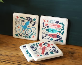 Sealife Coasters 4pc Set Ceramic Cork Backed Coasters