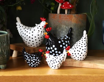 Ceramic Chicken Shelf Sitters Kitchen Farmhouse Decor Easter Polka Dots Red White Black