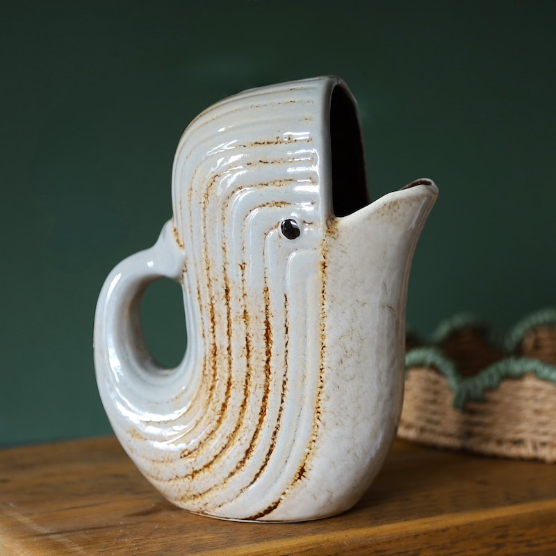 Ceramic Whale Pitcher Jug - Multifunctional Utensil Holder & Vase for Coastal Kitchen & Dining Decor